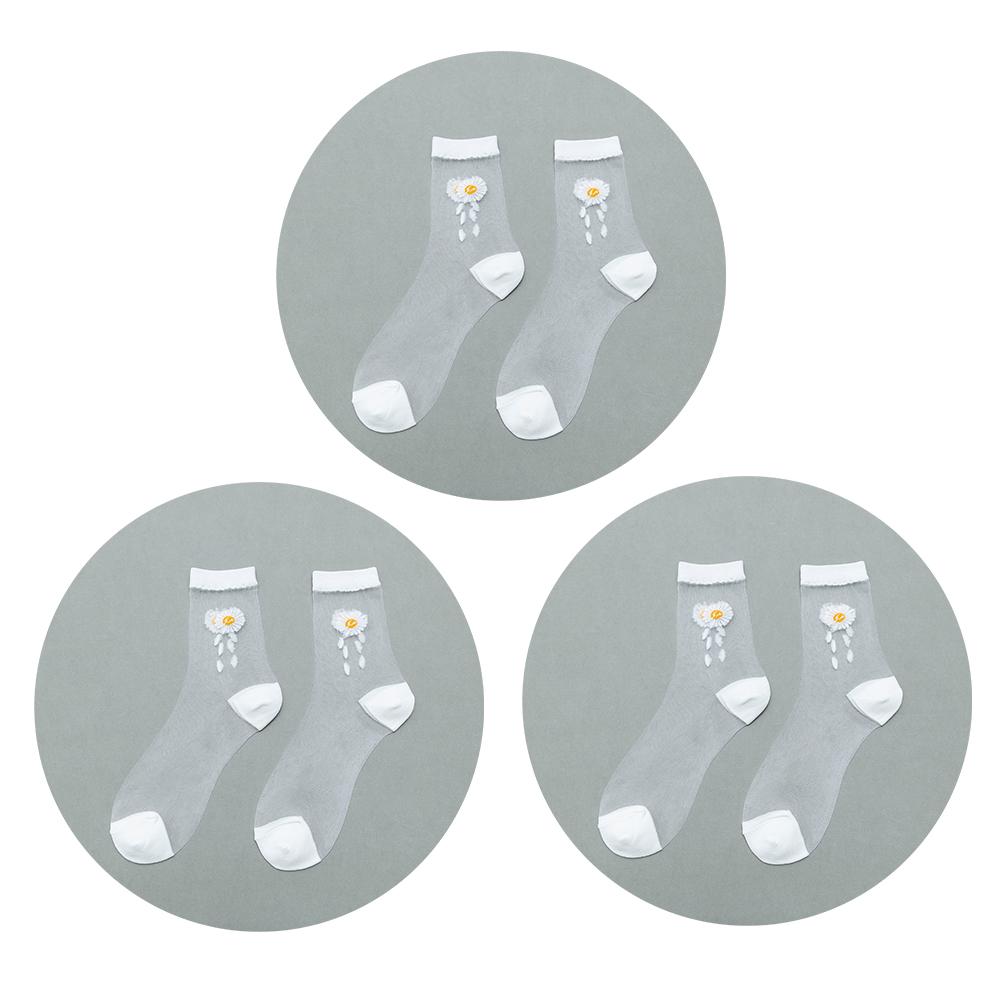 3 Pairs Of Women's Flower Socks Summer Crystal Glass Stockings Medium Short Tube Thin Transparent Daisy  Jacquard Elastic  Socks