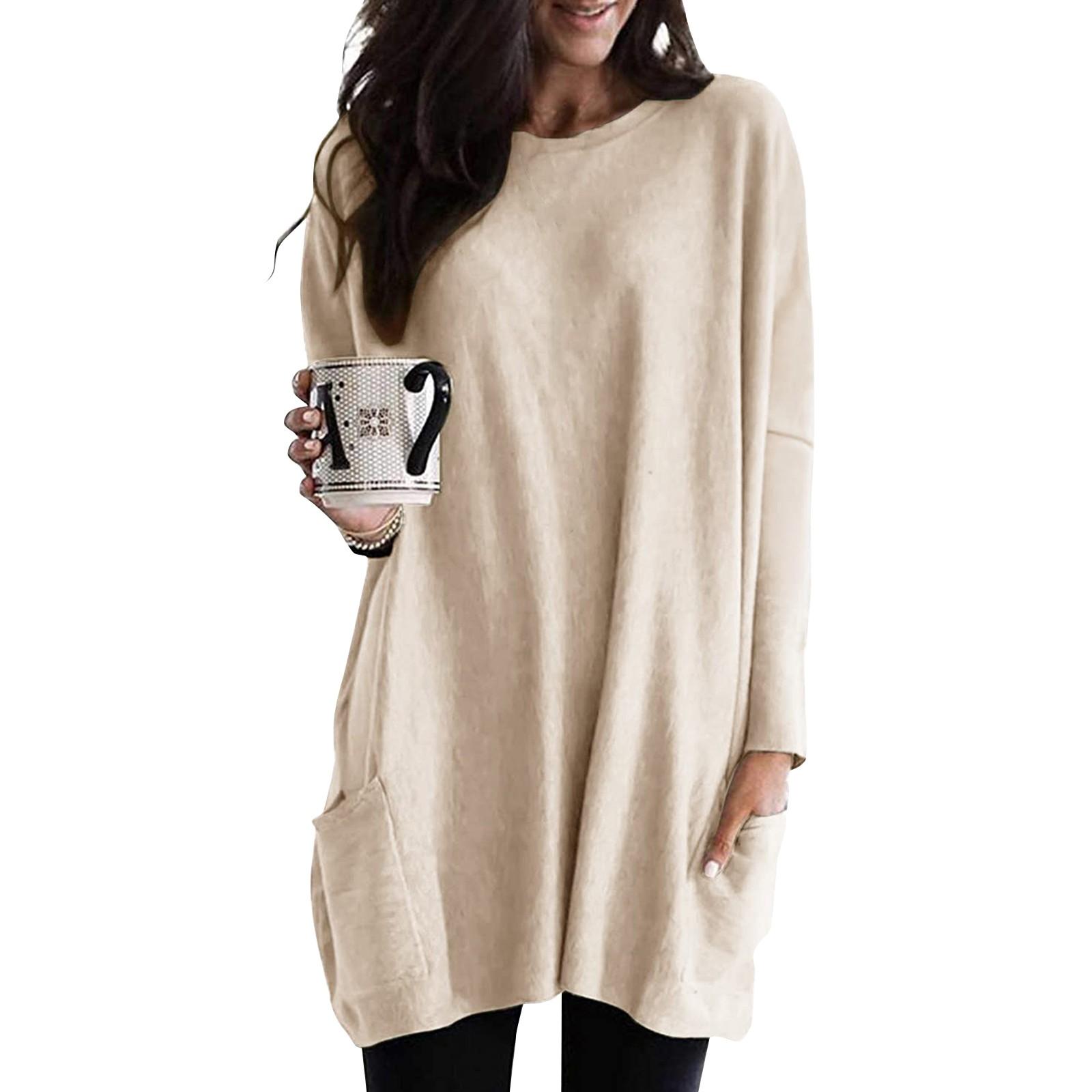 

Женская мода, повседневный топ с круглым вырезом, небольшим карманом, средней длины, однотонный, с длинными рукавами XXL хаки