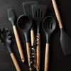 7-Piece Black Silicone Kitchen Utensil Set with Wooden Handles for Non-Stick Cookware
