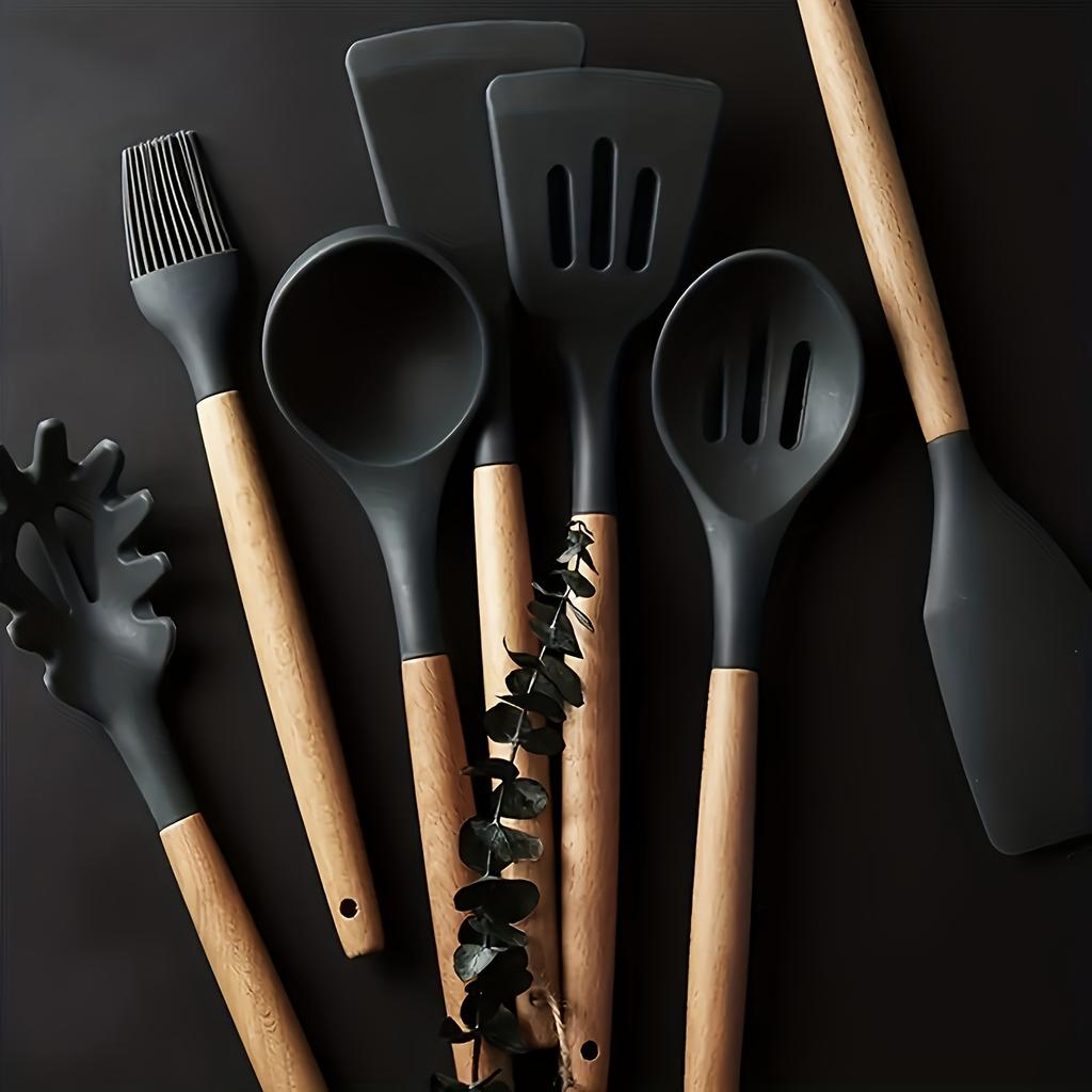 7-Piece Black Silicone Kitchen Utensil Set with Wooden Handles for Non-Stick Cookware