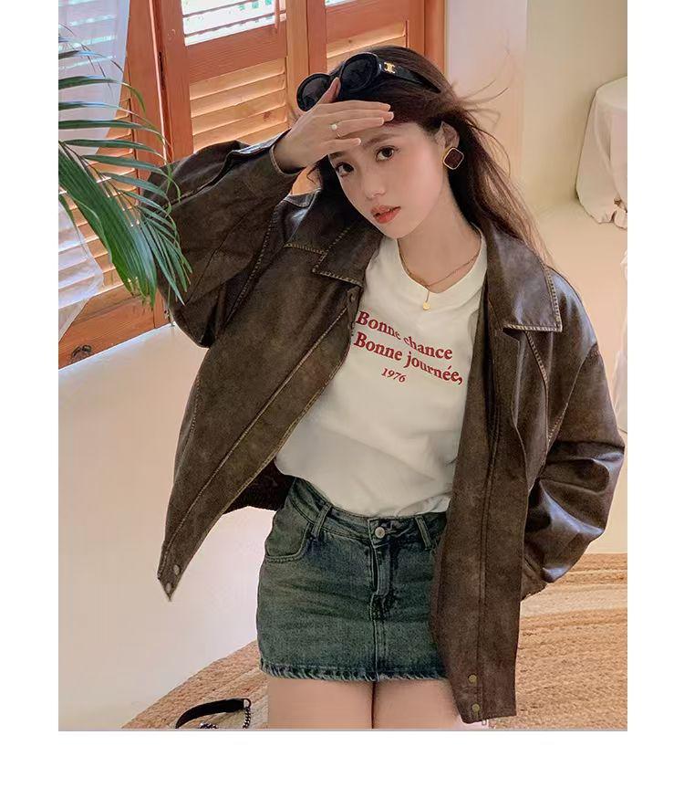 Damen Kleine Braune Lederjacke - 2025 Amerikanischer Retro-Stil mit Gewischtem Farbdesign, Baumwollgefüttert.