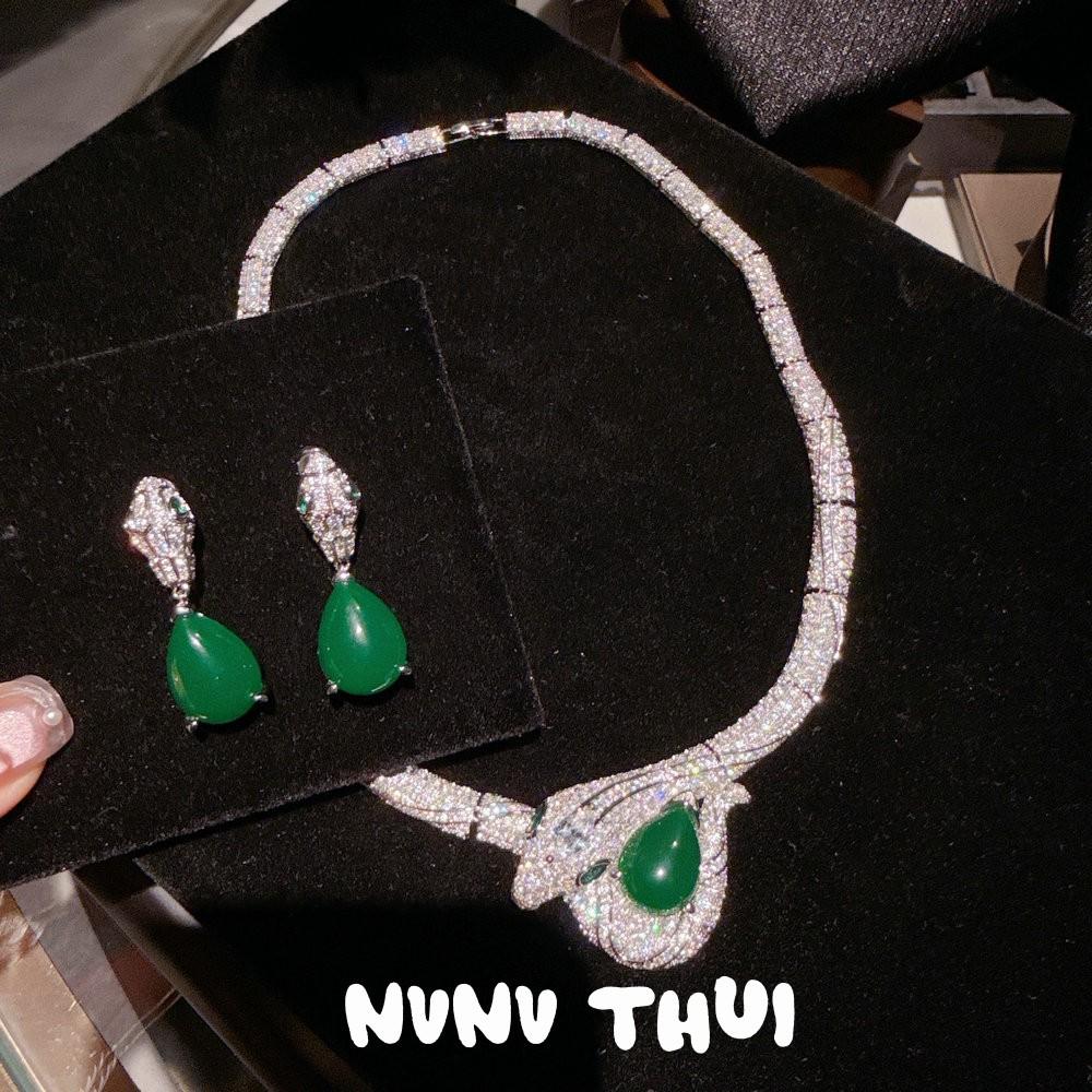 Jewelry, Luxury Serpentine Emerald Necklace, Wedding Dinner, Malachite Green Water Drop Snake Earrings, Set