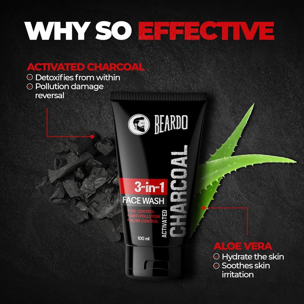 Beardo 3 In 1 Activated Charcoal Face Wash For Men Deep Clean Oil Control Detox Oily Skin Dirt Removal Daily Use 100 ml