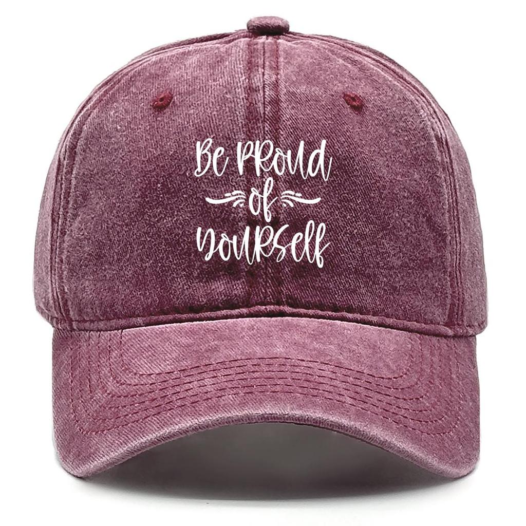 Be Proud of Yourself" Print Snapback Sun Hat, Trucker Hat Adjustable Buckle Headwear Raw Brim Non-Stretch Fabric Snapback Baseball Cap
