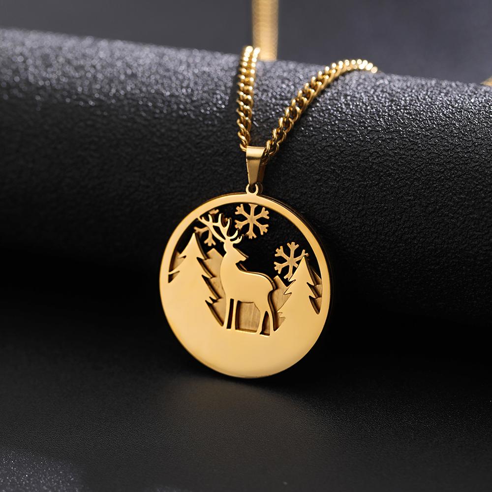 LIKGREAT Elk Wolf Bear Necklace for Women Men Teen Stainless Steel Forest Animal Snowflake Moon Pendant Jewelry Birthday Gifts