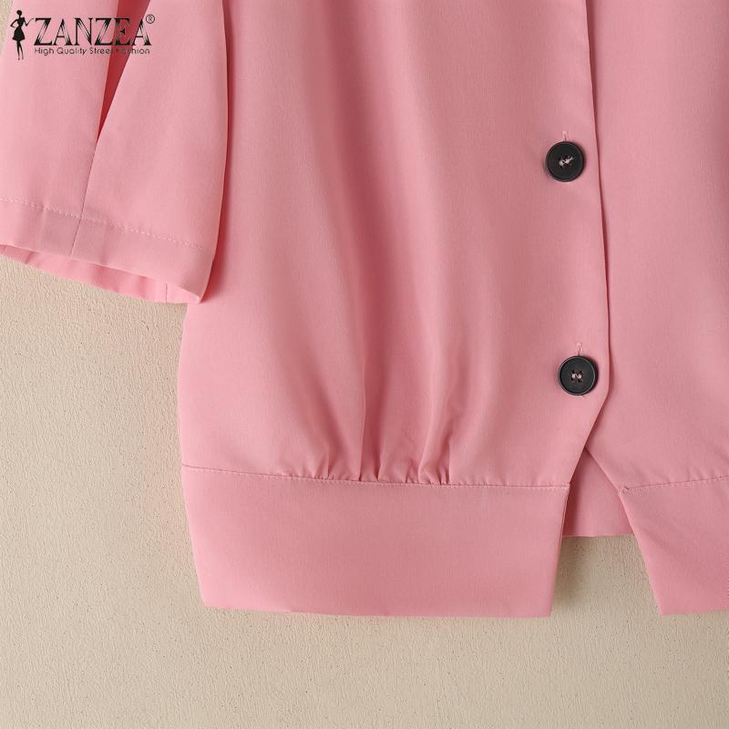 ZANZEA Women Casual V-Neck Solid Color Summer Short Sleeve Blouse