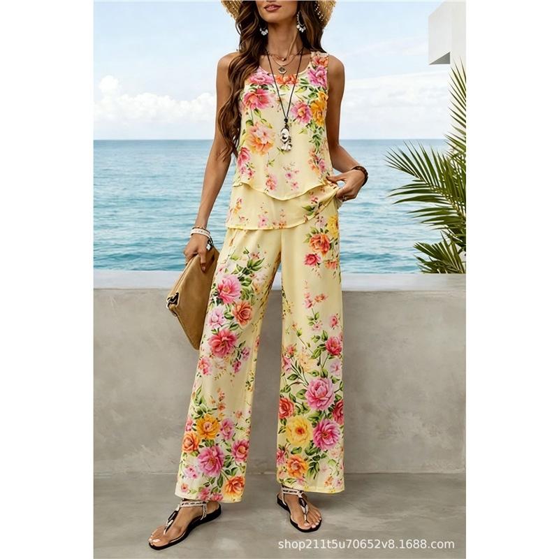 Bohemian women's sleeveless suit is suitable for daily wear, vacation sleeveless suit, spot solid color premium