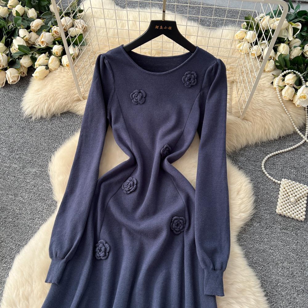 Autumn Winter Women Elegant 3D Flower Knitted Sweater Pullover Long Midi Christmas Party Dresses