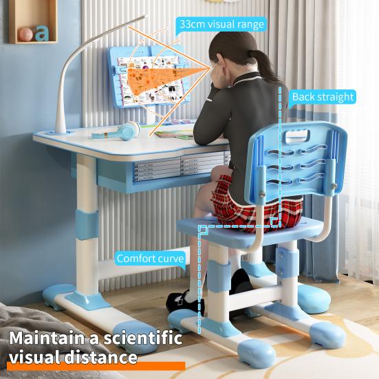 Set Scrivania Studio e Sedia per Bambini, Tavolo da Scrittura Regolabile in Altezza per Bambini Piccoli con Supporto Regolabile per Lettura, Luce LED per Studio, Soggiorno Camera da Letto Extra per Bambini