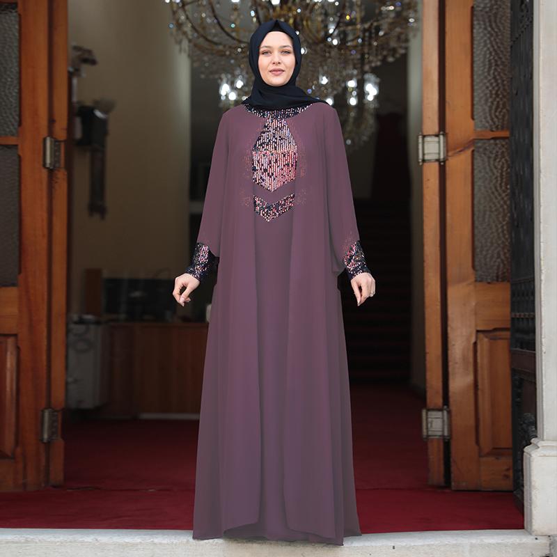 Women Plus Size Hijab Evening Dress Invitation Special Occasion Wedding High Quality Chiffon Fabric Muslim Turkish Stamp Sequin