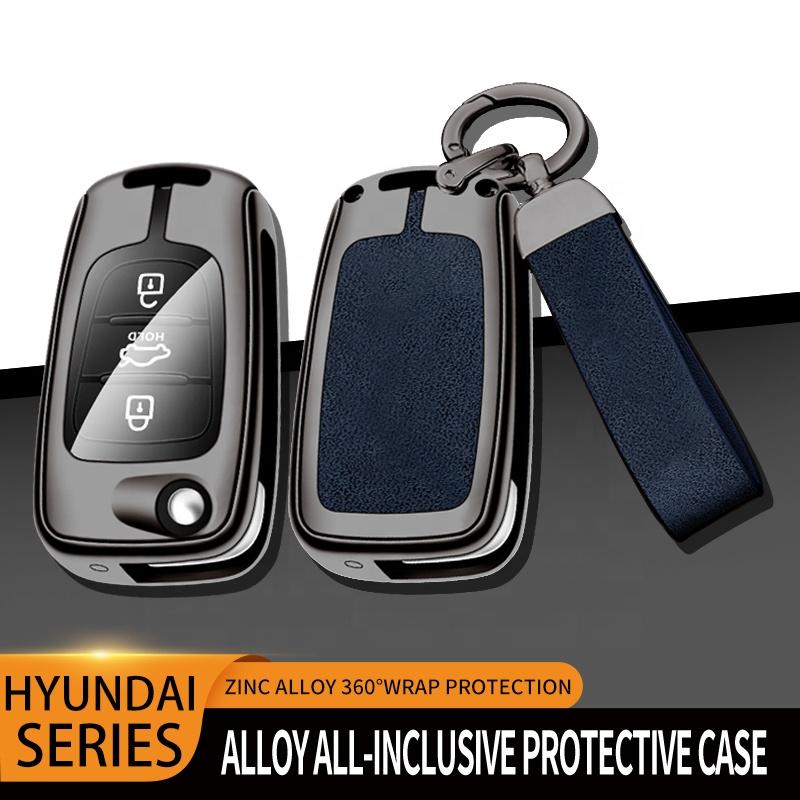 Fully Covered Flip Key Folding Key Cover case Metal Leather Car Remote Key Fob Cover Bag with Car Key Chain for Hyundai Kia