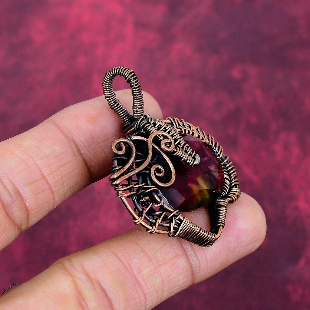 Faceted Ammolite Pendant Copper Wire Wrapped Pendant Handmade Gemstone Pendant
