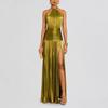 Stazione Indipendente Donna Vestito Pieghettato Colore Metallico con Spacco e Collo a Cravatta Senza Maniche Schiena Scoperta