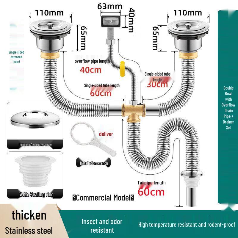 Commercial Stainless Steel Double Sink Drain Pipe
