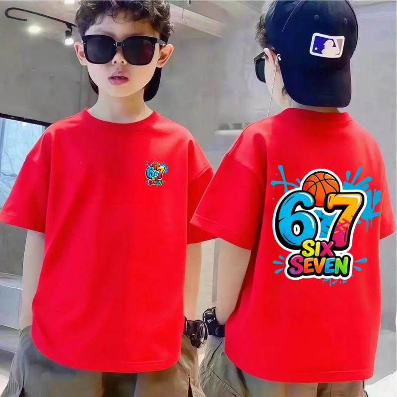 180g Puur Katoen Cartoon 67 Print Kinder T-shirt met Korte Mouwen