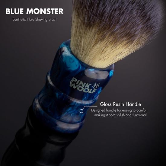 Pink Woolf Shaving Brush for Men Soft – Premium Synthetic Bristles, 28mm Knot, GLOSS RESIN HANDLE (BLUE MONSTER) | Cruelty-Free