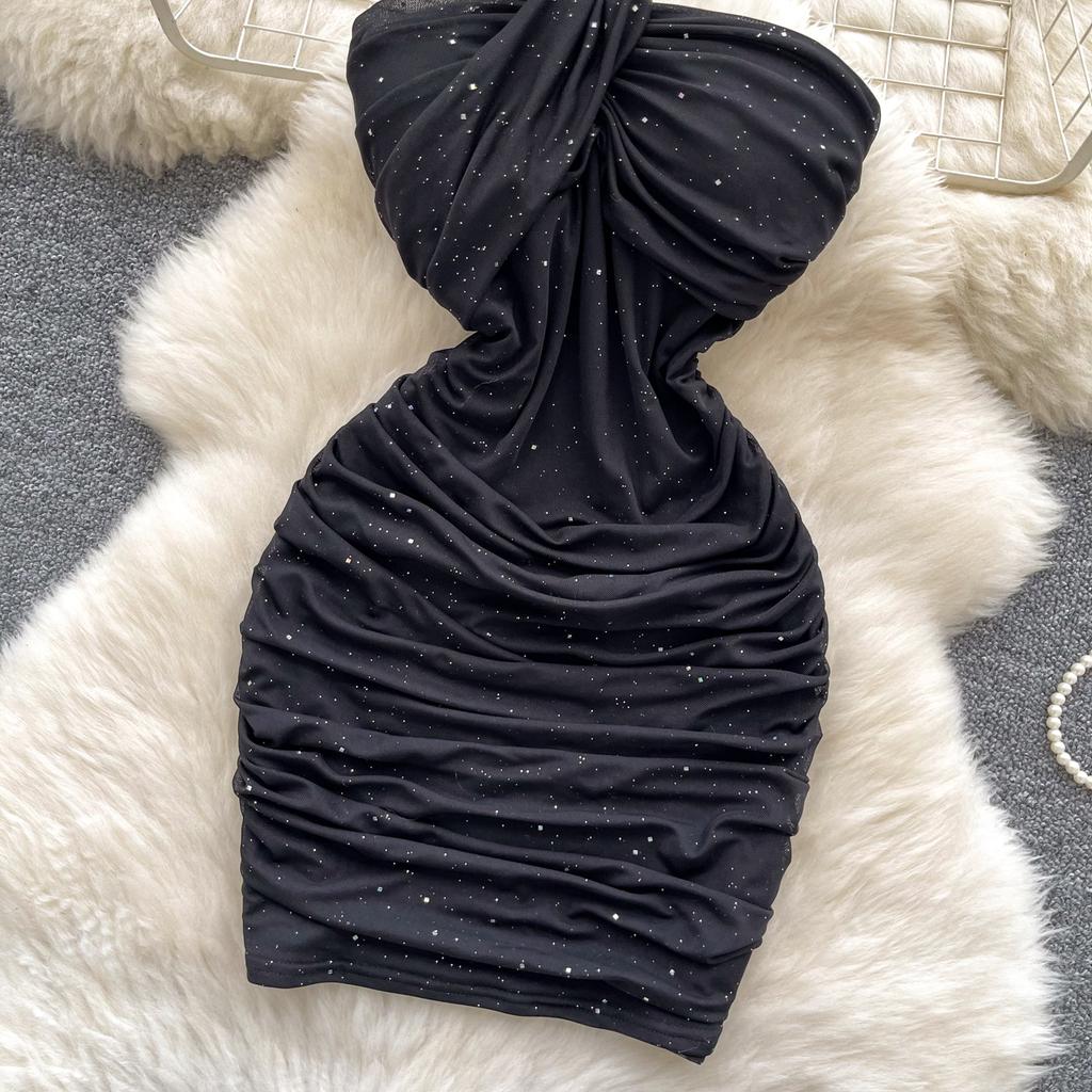 Summer Women One Shoulder Strapless Sexy Bling Bling Slim Sheath Bodycon Mini Short Club Party Dresses