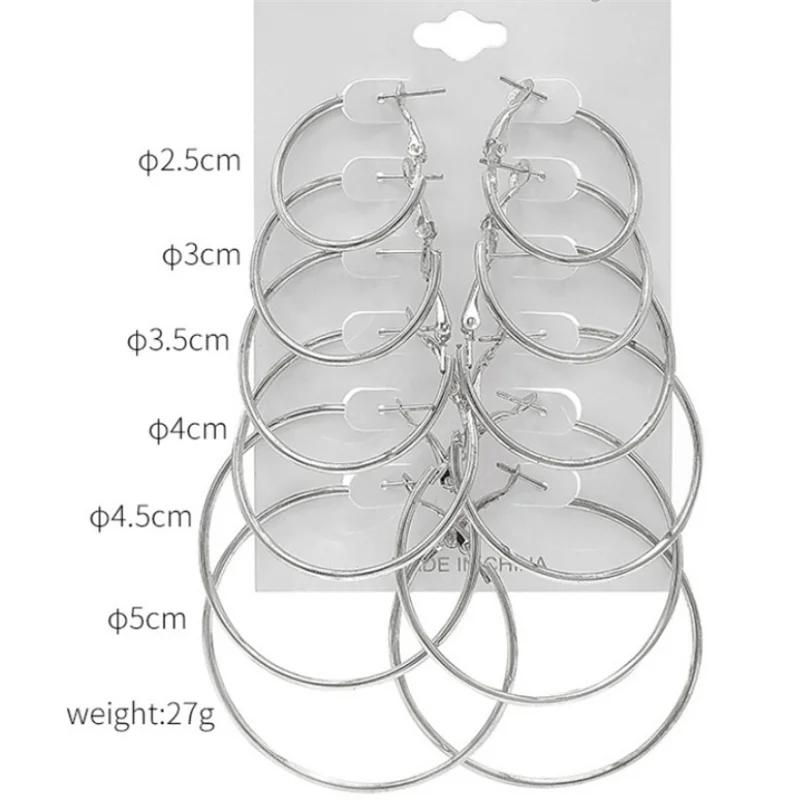 6 Pairs Fashion Hoop Earrings Set For Women Silver Color Round Circle Earring Studs Female Trendy Ladies Party Jewelry Gift