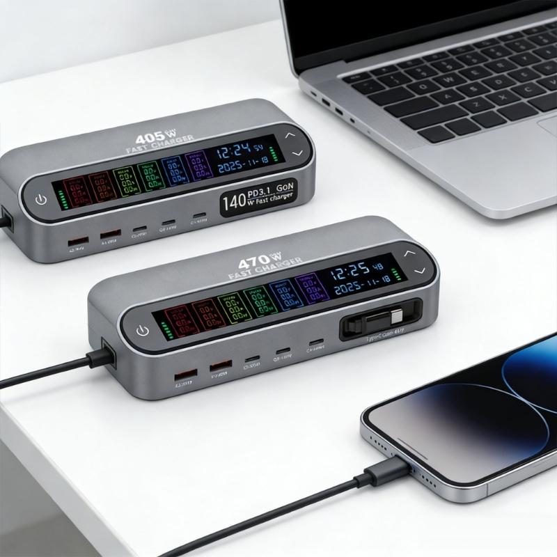 405W/470W Desktop Charging Dock With Full Color Digital Display And Retractable Type C Cable For Laptop Phone Tablets
