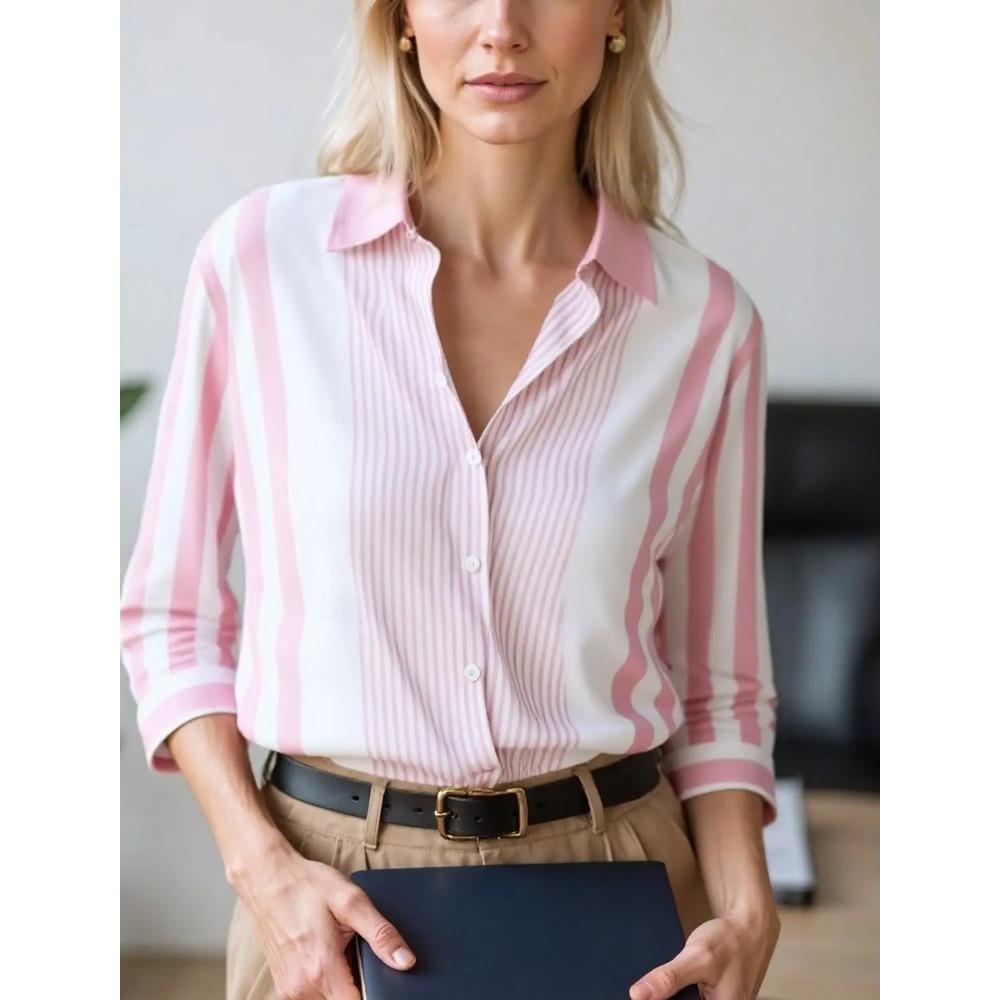 Autumn Women's Blouse Tops Color Block Striped Elegant Stylish Long Sleeve Shirt Collar Regular Tops Work Buttons Print Shirts