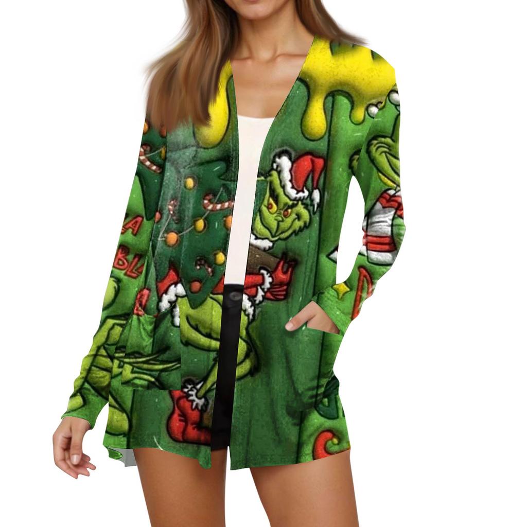 Women's Fashion Christmas Print Long-Sleeved Pocketed Slim-Fit Cardigan Coat