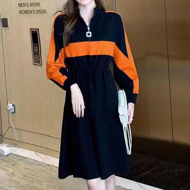 

Осеннее свободное повседневное платье-толстовка с лацканами в стиле пэчворк с длинным рукавом, на шнуровке, на талии, на молнии, халат, платья для женщин XL оранжевый