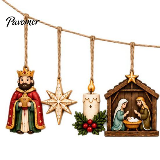 Vintage Christmas Tree Pendants Retro Wooden Nativity Pendant for Decoration, Rustic Manger Religious Holiday Decorations Hanging Banner with