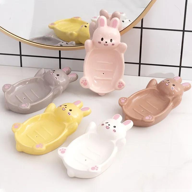 Cute Bunny Shaped Ceramic Drain Soap Box Creative Light Luxury Kitchen Bathroom Accessories Soap Dish Storage Box 1Pc