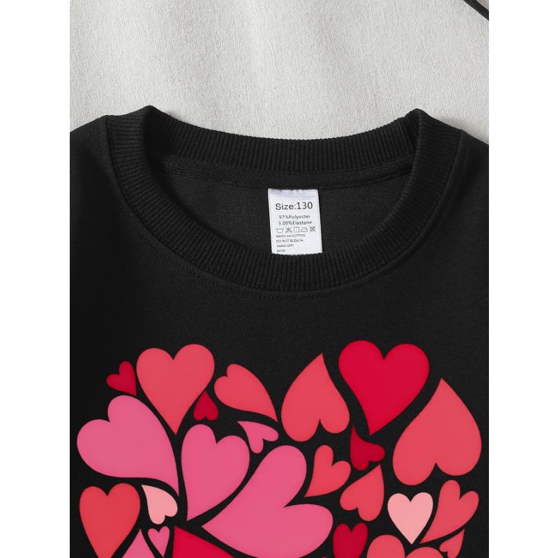 European Sizes Girls' Crew Neck Sweatshirt with Heart Pattern Love Design In Red Pink, Soft Cozy Pullover, Warm Casual for Autumn & Winter.
