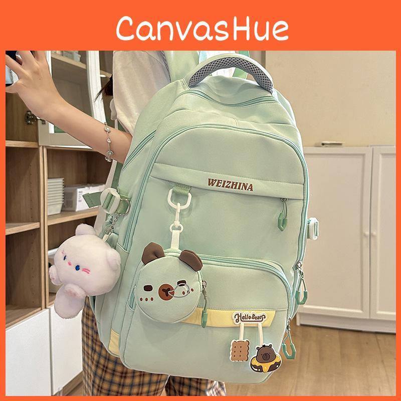 Solid Color Simple Letter Pattern Student Backpack With Pendant Decoration