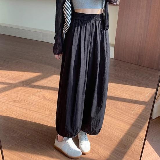 Women Pants Wide Elastic Waistband Anti-Wrinkle Fabric Loose Fit Harem Trousers with Pockets Pure Color Travel Work Pants