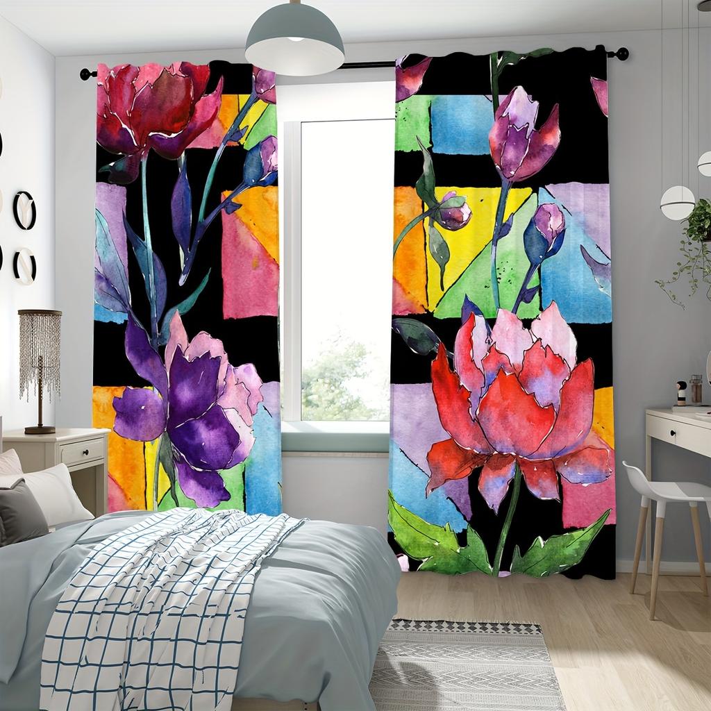 2pcs Seamless Border With Colorful Flower Patterns Watercolor Falling Leaf Prints Curtains For Living Room Bedroom For Home Deco