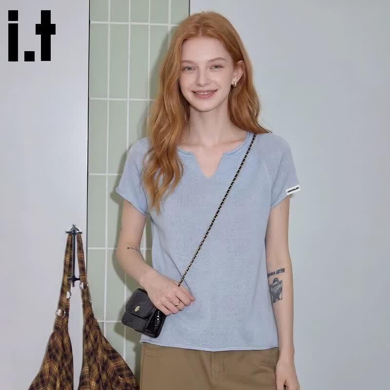 CHOCOOLATEit Women's Lyocell Linen Knit V-Neck T-Shirt