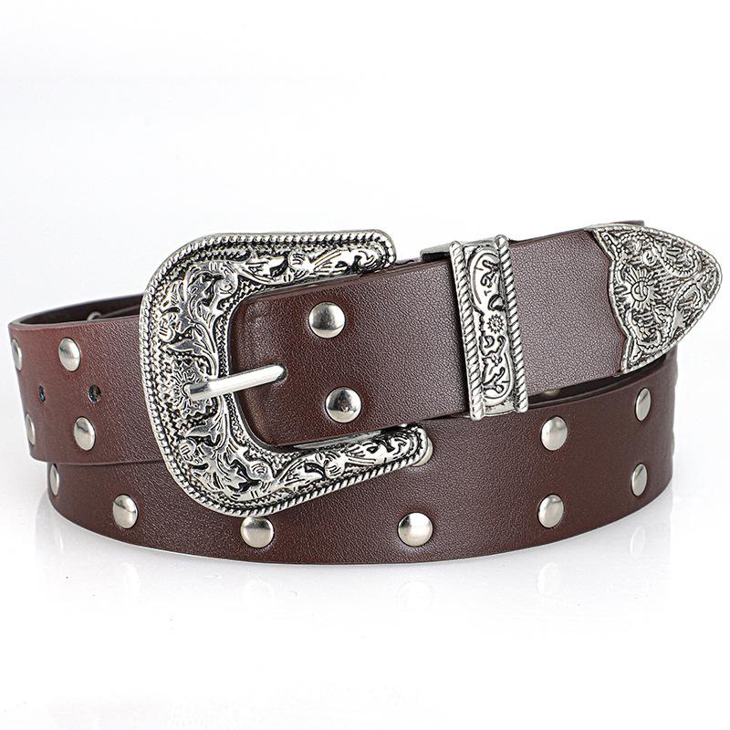 Women Casual Retro Belt & With Carving Pattern Buckle,Versatile Fashion Rivet Belt for Jeans,Dresses & Casual Wear,For Men Women