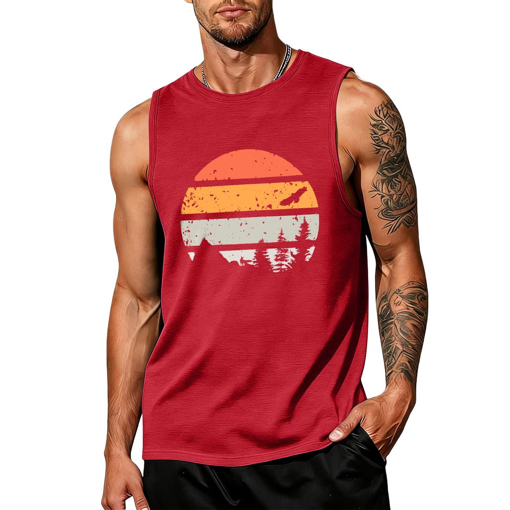 Mens Sleeveless Tank Top Crew Neck Graphic Print Vintage Style Casual Loose Fit Comfortable Shirt