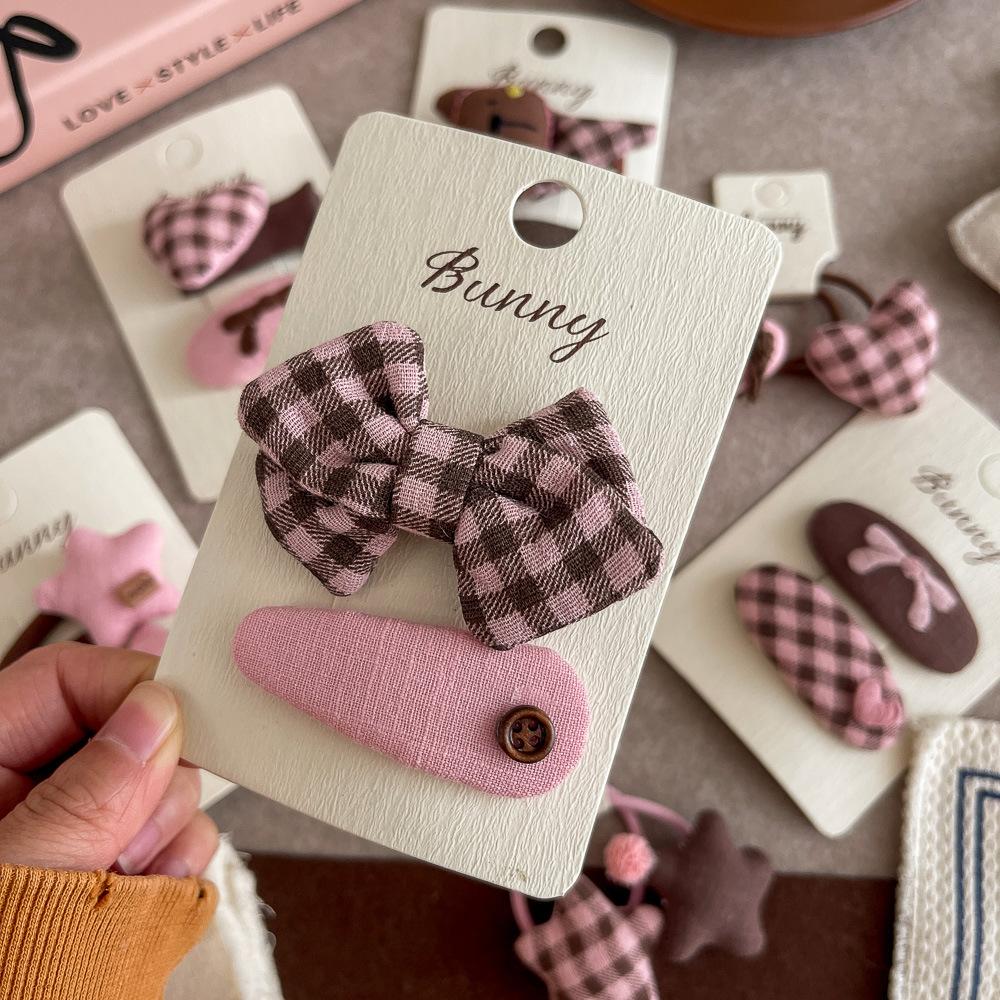 2pcs Pink Coffee Plaid Bow Hair Clip Hairpin Sweet Girl Love Bangs Side Clip Hairpin Children's Hairpin Kids Hair Accessories
