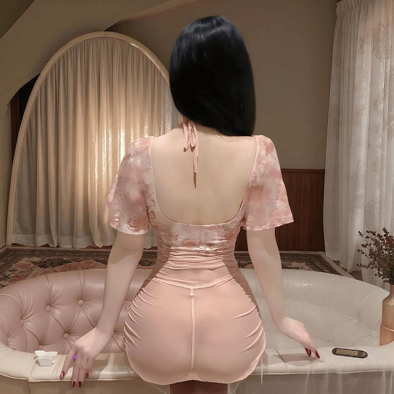 Sex underwear sexy perspective deep V floral rose light yarn hip skirt pure desire nightclub backless free uniform