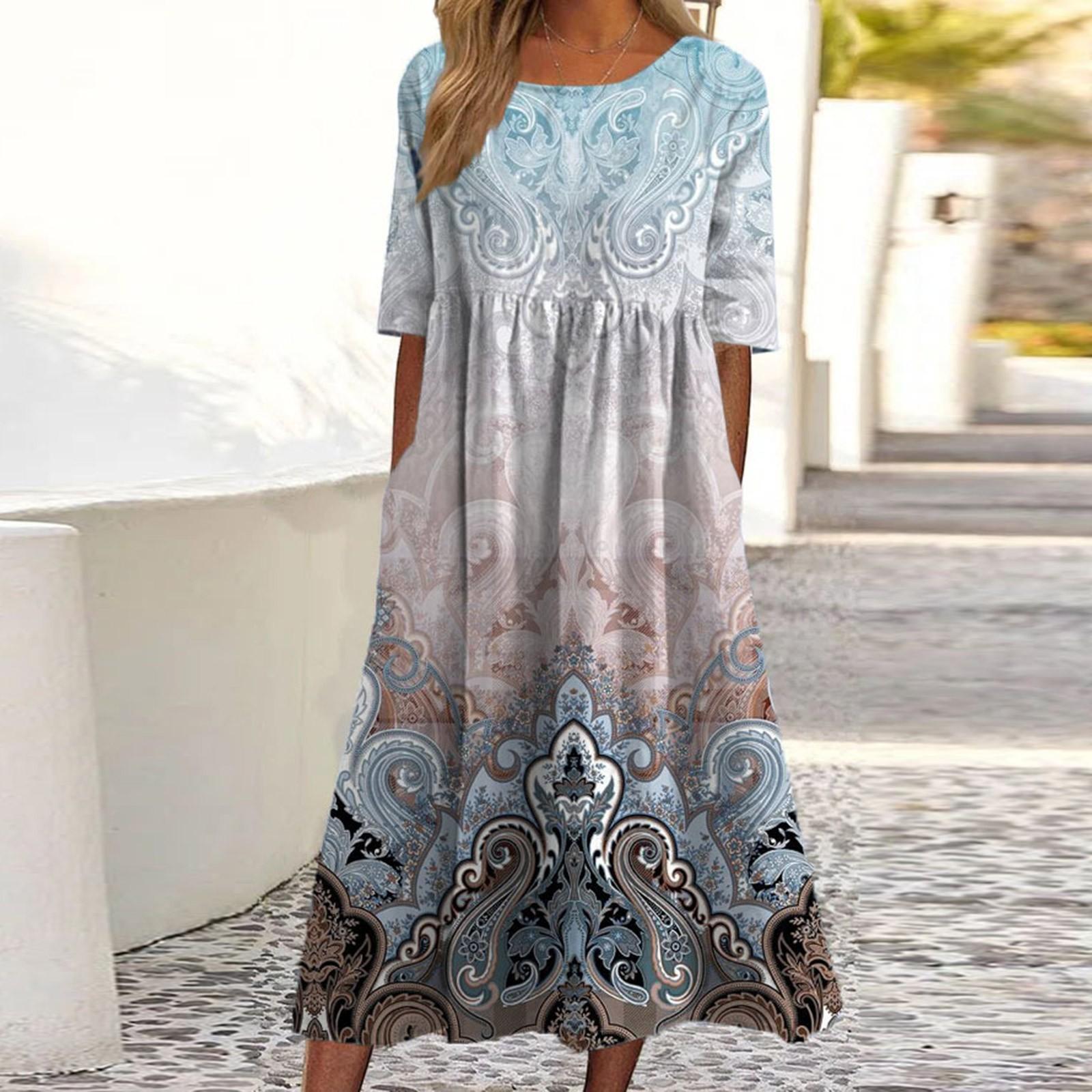 

Платья для женщин Одежда Длинные платья для выпускного вечера Платья в стиле бохо с круглым вырезом и короткими рукавами с карманом M синий