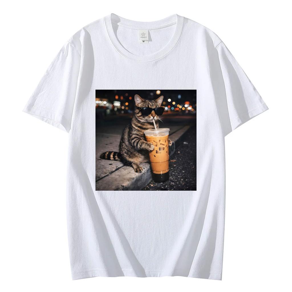 Funny Cat Drinking Coffee Meme Graphic T Shirts High Quality Fashion Short Sleeve Tshirts Men Women Casual Loose Cotton Tshirt