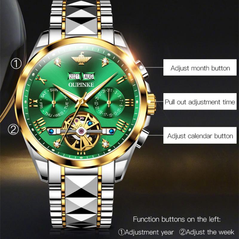 OUPINKE Nouvelle montre mécanique pour homme d'affaires et de loisirs Green Water Ghost Montre mécanique multifonctionnelle Montre d'affaires haut de gamme