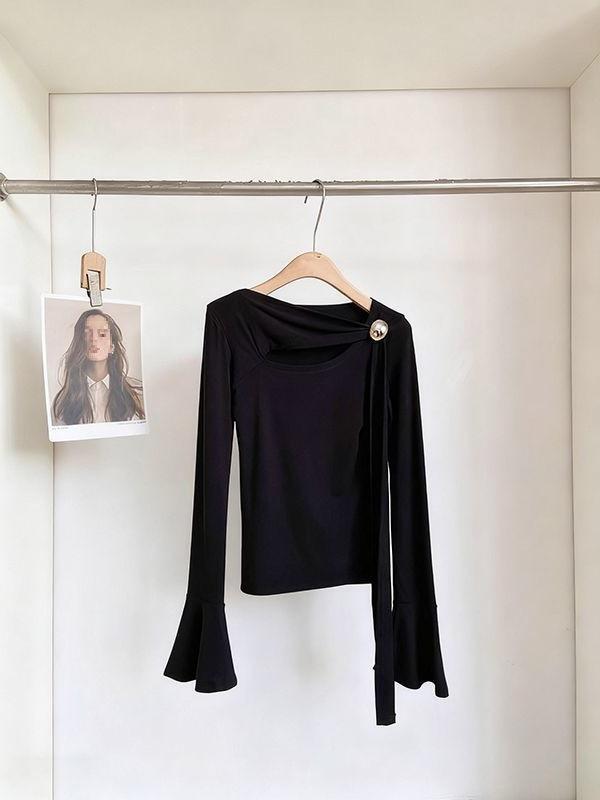 Trendy Korean Style Black Hollowed-Out Long Sleeve Top for Women Extra Large чёрный