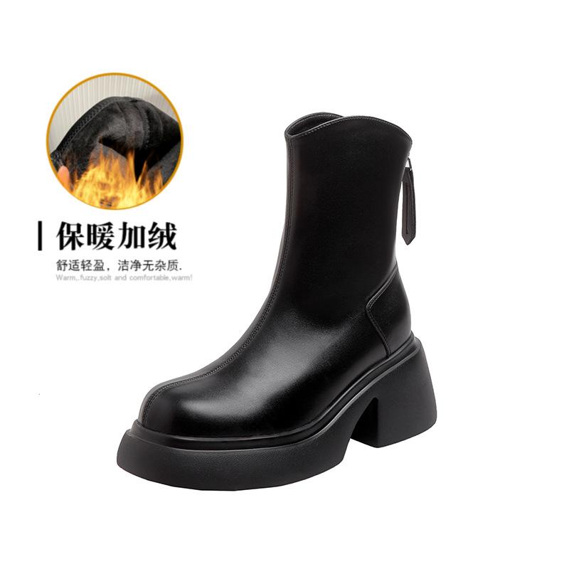 Autumn and winter new thick-soled Martin boots women's leather short boots high-heeled V-mouth small women's height-increasing and thin boots