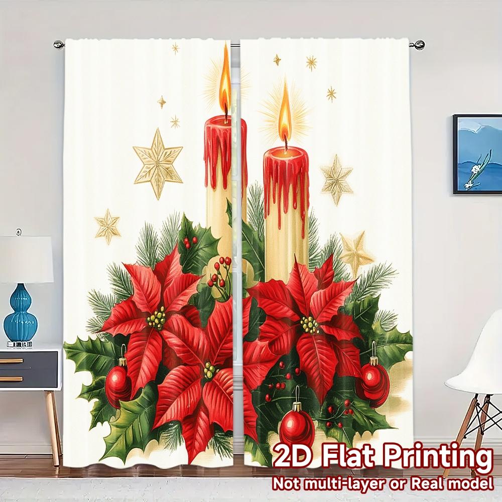 

2pcs Curtains Christmas Candles Poinsettias Ornaments (3) Contemporary Popular Curtains Versatile 100% Polyester Curtains 100*130 Grommet Top 1pcs