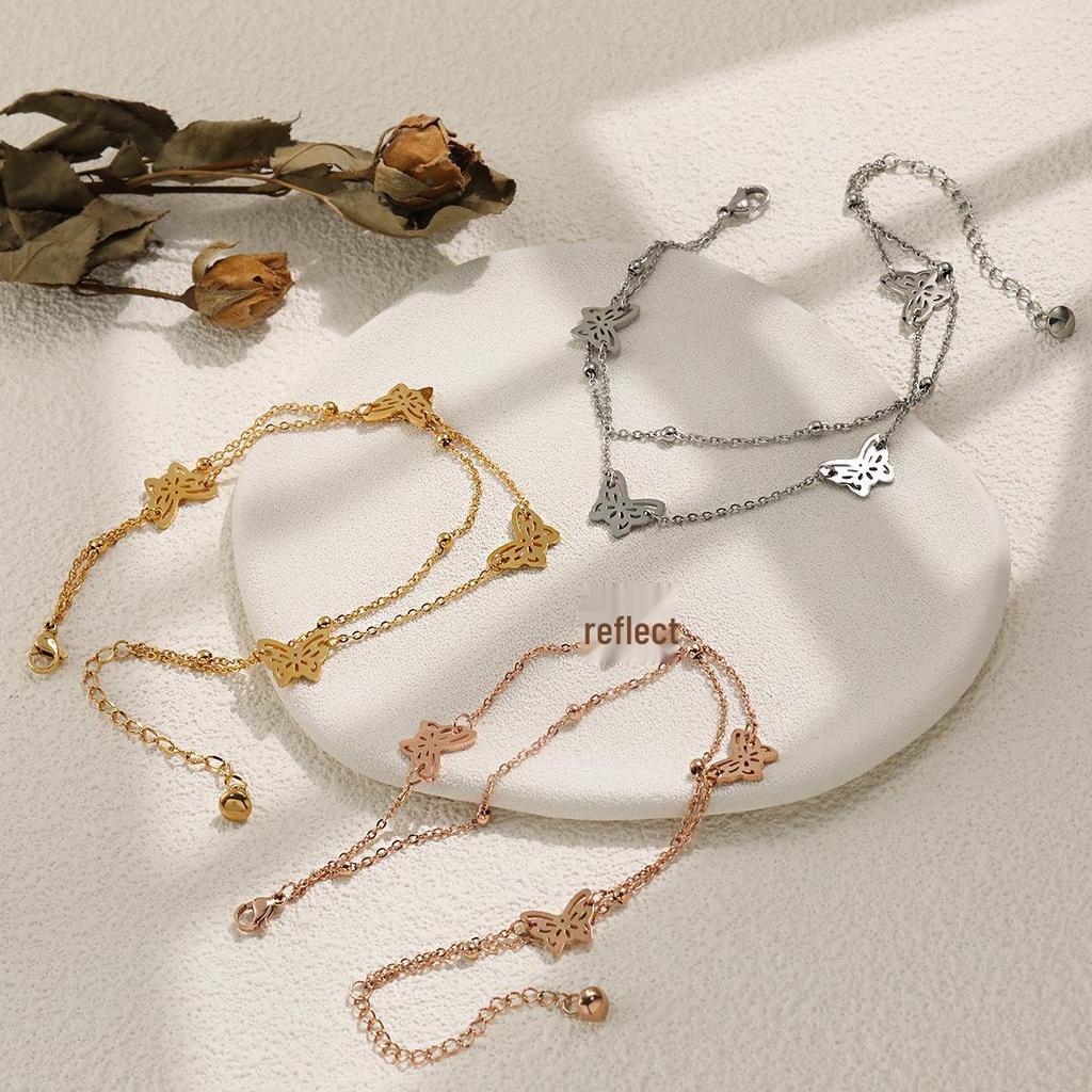 Korean INS-Style Double-Layer Butterfly Anklet for Women, Personalized Titanium Steel Gold-Plated Summer Design