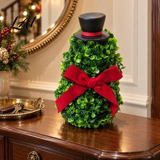Artificial Snowman Topiary Tree with Red Bow & Santa Hat for Indoor Outdoor Christmas Porch Decorations Holiday Decoration Realistic Plastic Potted