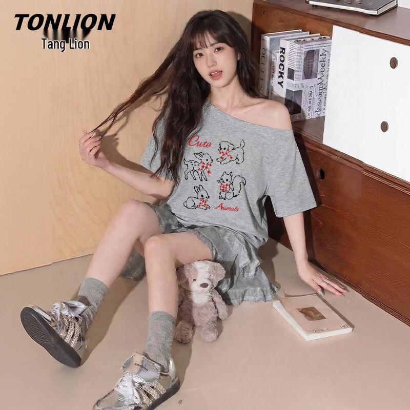 TonLion Women s One-Shoulder Cartoon Print Short Sleeve T-Shirt XL