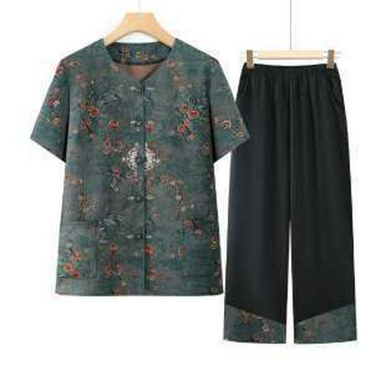 

Elegant Chinese-Style Plus Size Tang Suit: Old Lady’s Short-Sleeved Cardigan Two-Piece Summer Set 2XL зелений