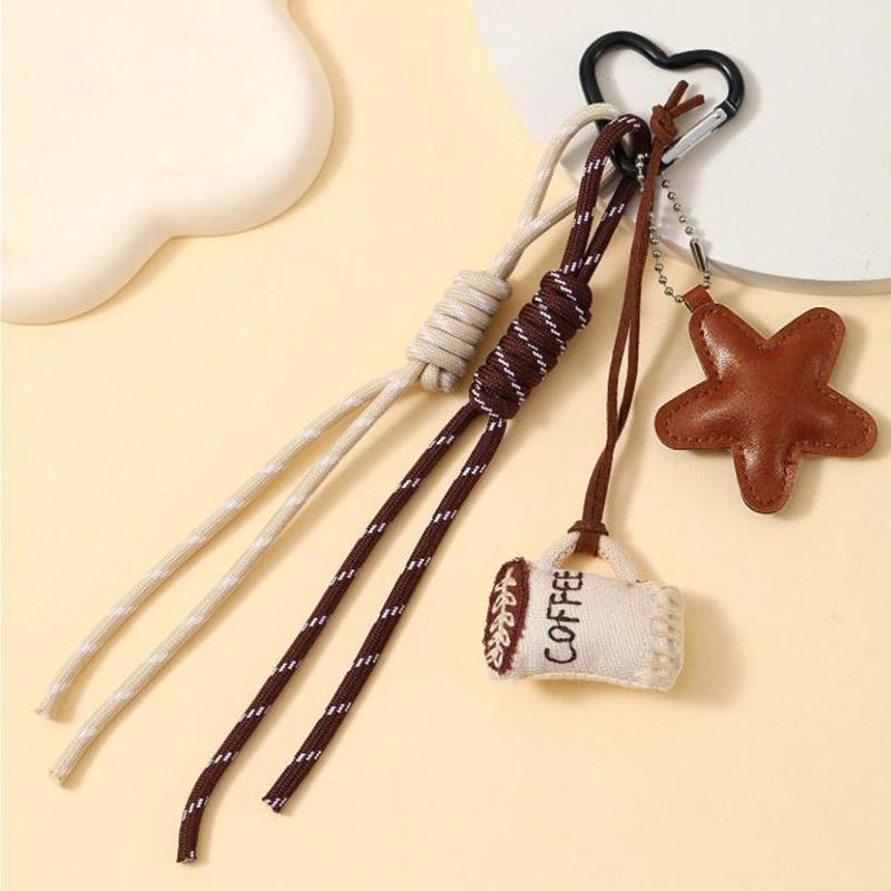Kawaii Cartoon Linen Embroidery Coffee Bread Keychain Leather Heart Pendant Bag Charm Car Keychain Couples Bag Pendant Accessori
