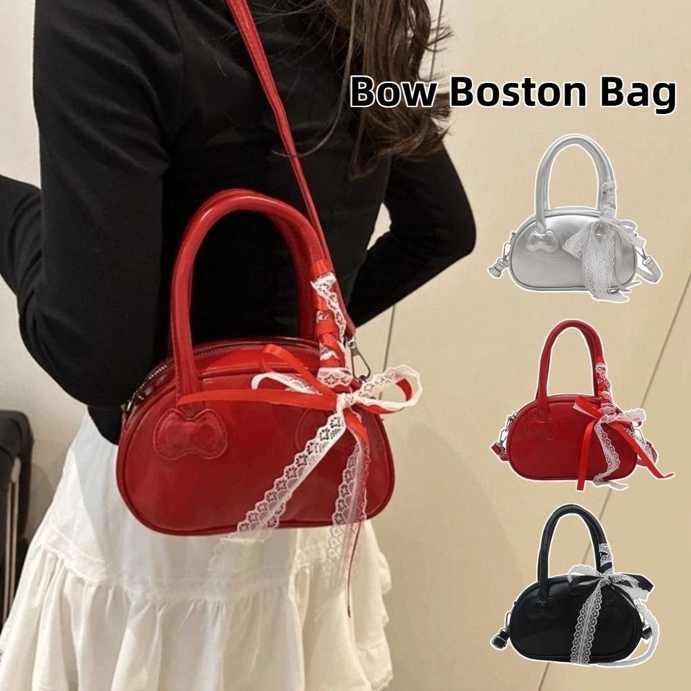 Pu Leather Lace Ribbons Boston Bag Korean Commute Handbag Niche Bow Crossbody Bag Purse