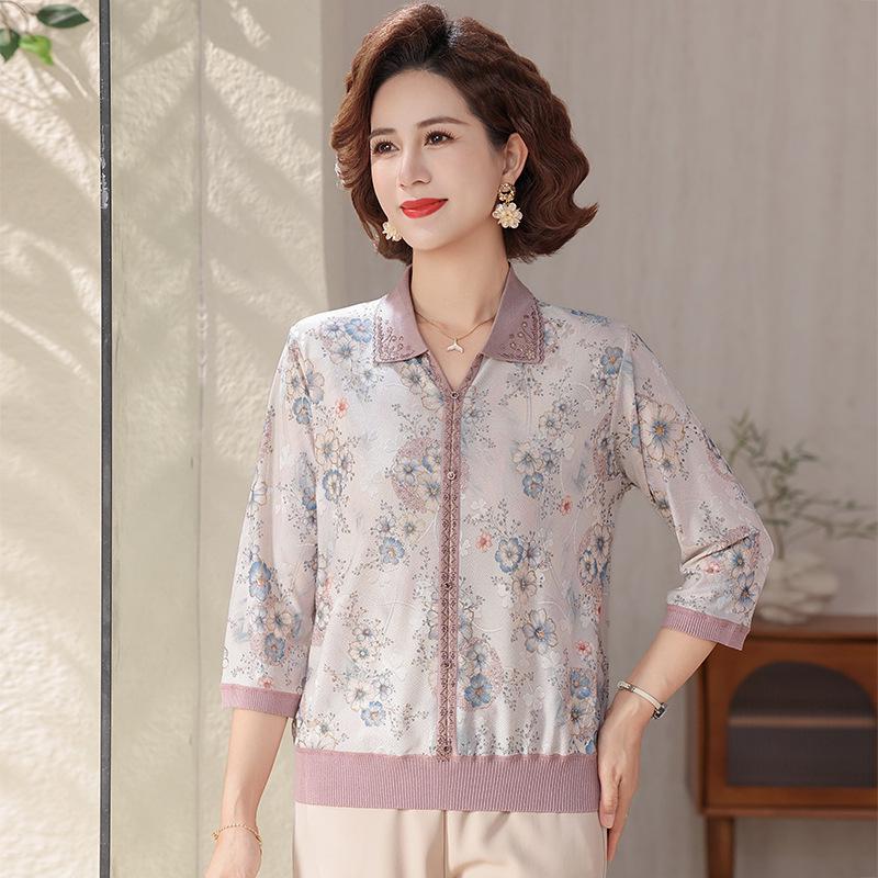 

Elegant Ice Silk Mid-Sleeve Lapel Top for Middle-Aged Women - Spring/Summer Fashion 120 (recommended for 120-135 jin)